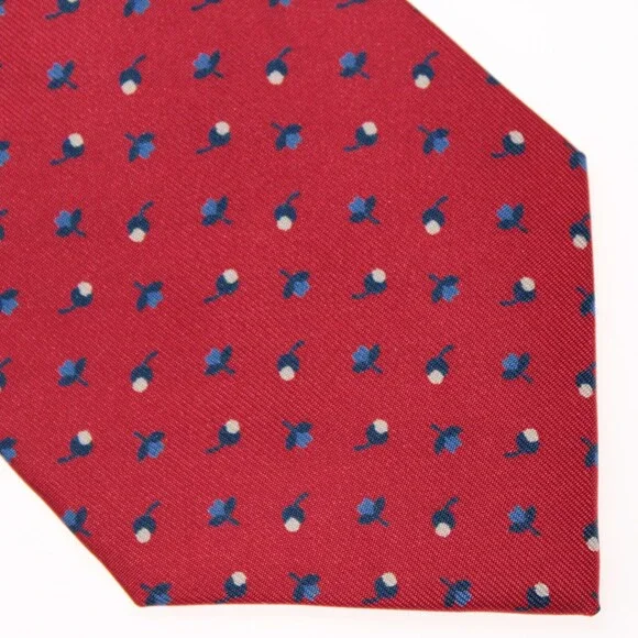 Drake's NWT Neck Tie in Red with Blue / White Mini Floral Pattern 100% Silk